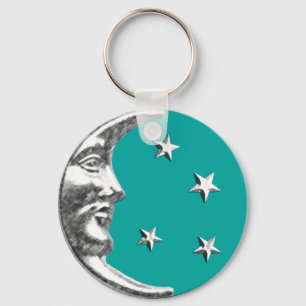 Art Deco Moon en Stars - Turquoise & Silver Sleutelhanger