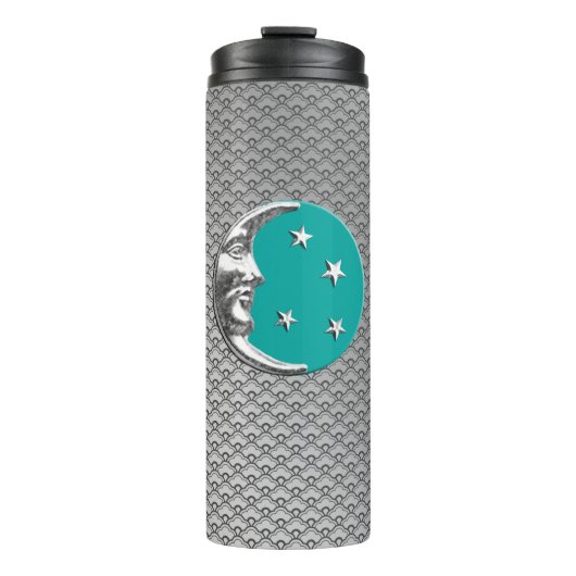 Art Deco Moon en Stars, Turquoise & Silver Thermosbeker (Voorkant)