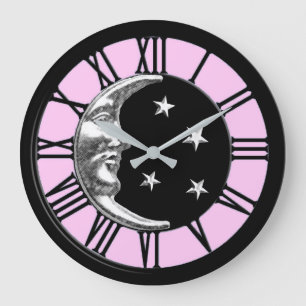 Art Deco Moon en Stars - zwart, roze en zilver Grote Klok