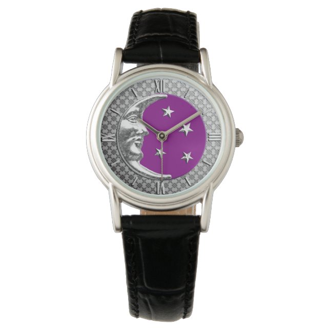 Art Deco Moon en sterren - Amethyst Paars & Silver Horloge (Voorkant)