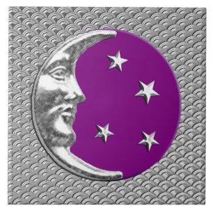 Art Deco Moon en sterren - Amethyst Paars & Silver Tegeltje