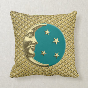 Art Deco Moon en sterren - Blauwgroen en goud Kussen
