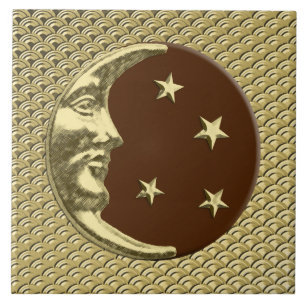 Art Deco Moon en sterren - Chocolate Brown & Gold Tegeltje