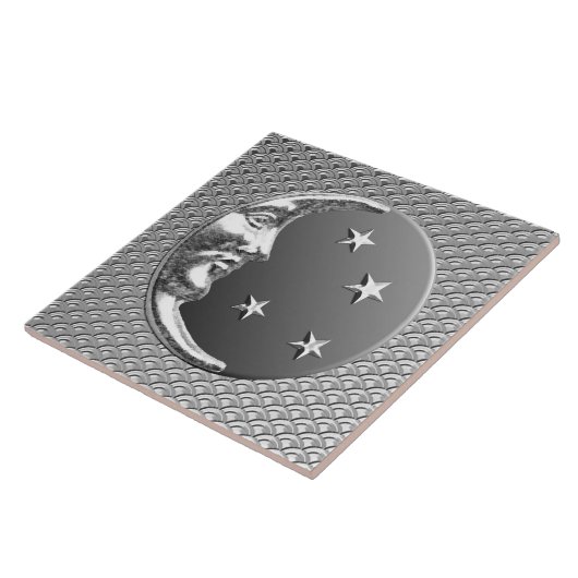 Art Deco Moon en sterren - Grijs / Grijs en Zilver Tegeltje (Zijkant)