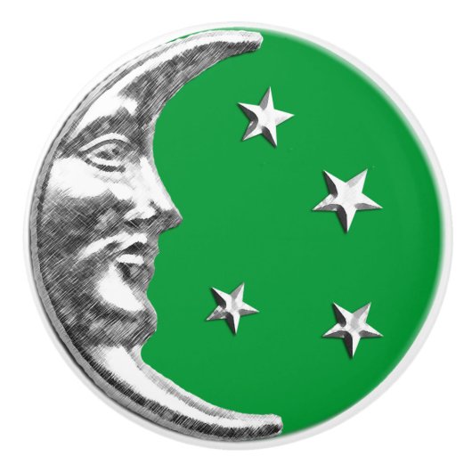 Art Deco Moon en sterren - Jade Green en Silver Keramische Knop (Voorkant)