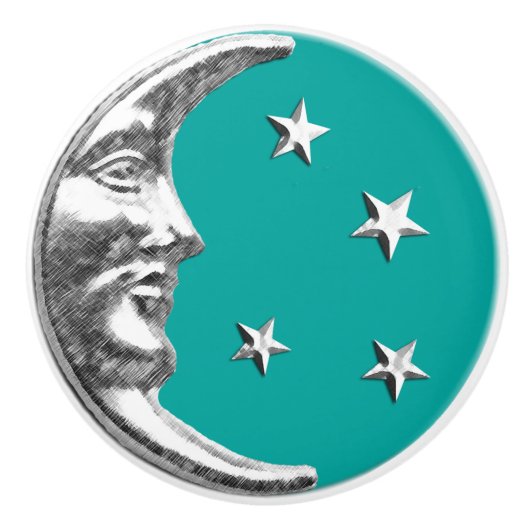 Art Deco Moon en sterren - Turquoise & Silver Keramische Knop (Voorkant)