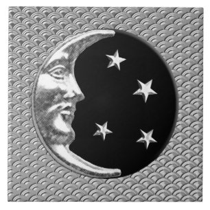 Art Deco Moon en sterren - Zwart en zilver Tegeltje