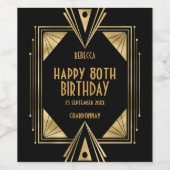 Art Deco Naam Happy 80th Verjaardag Goud Zwart Wijn Etiket (Enkel label)