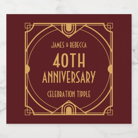 Art Deco Namen 40e Jubileum CelebratIon Rood Sparkling Wijnetiket (Enkel label)
