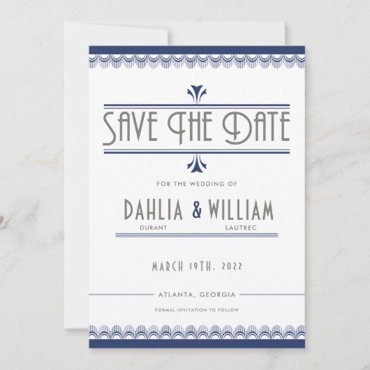 Art Deco  Navy Blauw en Zilver Save The Date (Voorkant)