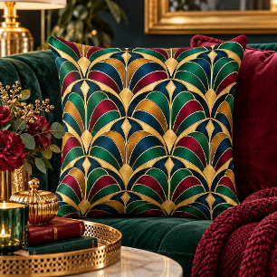 Art Deco Navy, Bourgondie, Goud, Groene Geometrisc Kussen