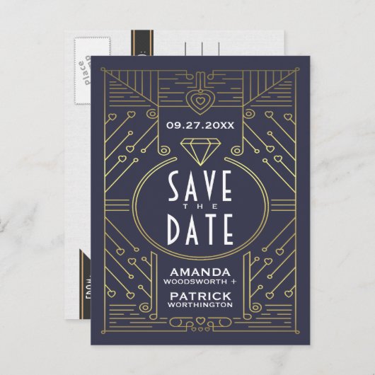 Art Deco  Navy Bruiloft Save The Date Kaarten (Voorkant / Achterkant)
