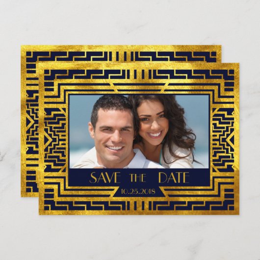 Art Deco Navy Goud Geometrisch Modern Save the Dat Aankondigingskaart (Voorkant / Achterkant)