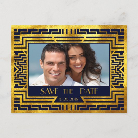 Art Deco Navy Goud Geometrisch Modern Save the Dat Aankondigingskaart (Voorkant)