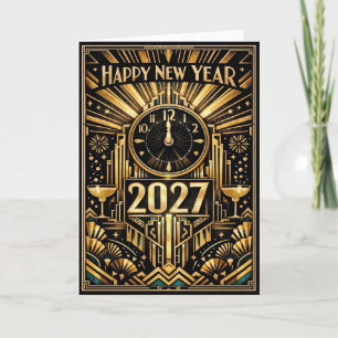 Art Deco Nieuwjaar 2027 in vintage goud Feestdagen Kaart