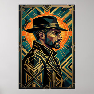 Art Deco Noir Detective Fedora Profiel Goud Poster