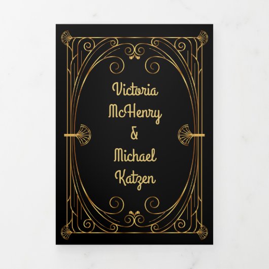 Art Deco Nouveau Bruiloft Drieluik Uitnodiging (Cover)