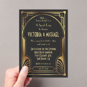 Art Deco Nouveau Speak Easy Party Gold & Black Acryl Uitnodigingen