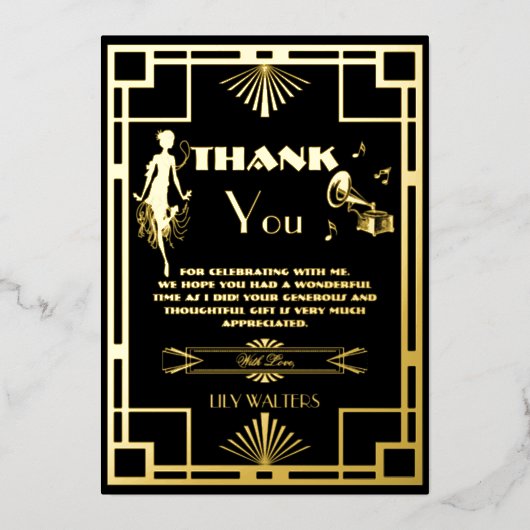 Art Deco Nouveu Gatsby Roaring Twenties Bedankt Folie Uitnodiging (Voorkant)