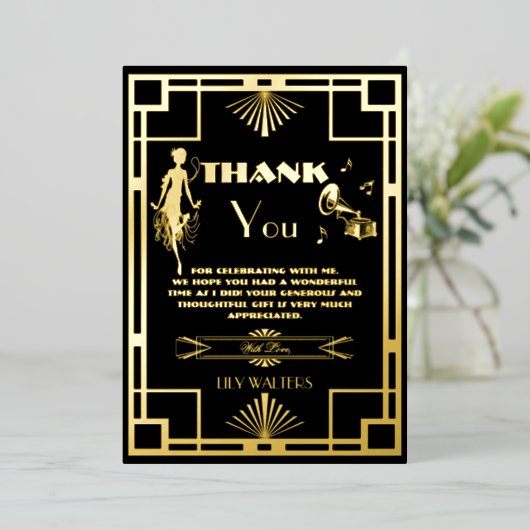 Art Deco Nouveu Gatsby Roaring Twenties Bedankt Folie Uitnodiging (Staand Voorkant)