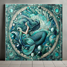 Art Deco Ocean Mermaid Aqua Blue Coral Mosaic Cool Tegeltje