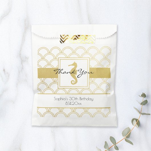 Art Deco Ocean Wave Patten Gold Glitter Seahorse Bedankzakje