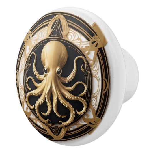 Art Deco Octopus Zwart Wit Goud Nautisch Keramische Knop (Rechts)
