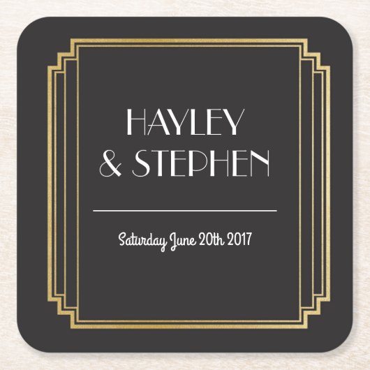 Art Deco Onderzetters Zwart & Goud Trouwfeest (Voorkant)