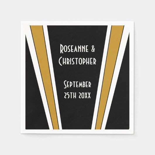 Art Deco Ontwerp Zwart en Goud bruiloft Servet (Voorkant)