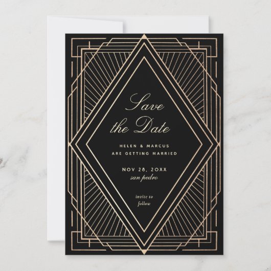Art Deco Opslaan Datum Faux Gold Black Kaart (Voorkant)