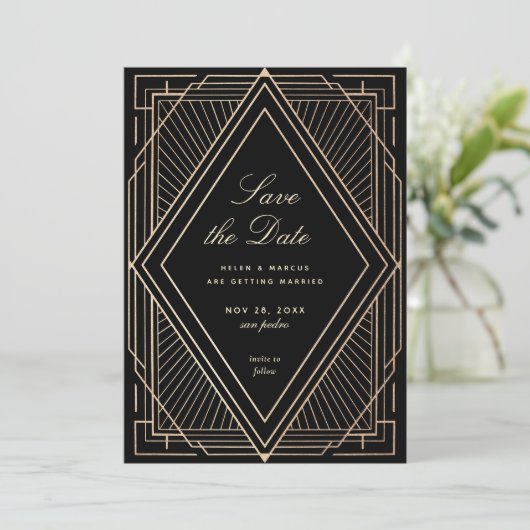 Art Deco Opslaan Datum Faux Gold Black Kaart (Staand voorkant)
