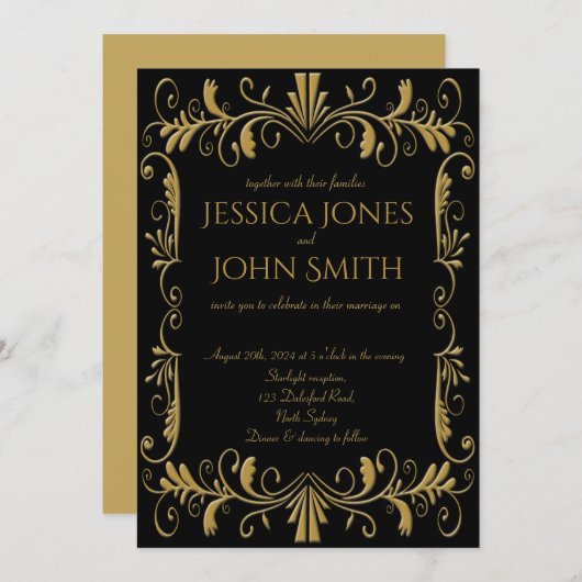 Art déco or noir élégant mariage invitation (Devant / Derrière)