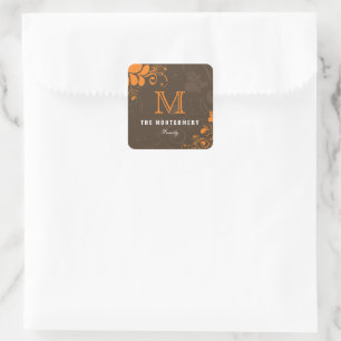 Art Deco Oranje Swirls Monogram Thanksgiving Parti Vierkante Sticker