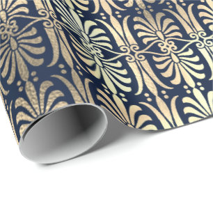 Art Deco Ornament Zwart Goud Sepia Blauw Navy Cadeaupapier