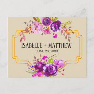Art Deco Paarse Bloemen Waterverf Save the Date Aankondigingskaart