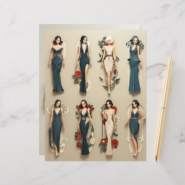 Art Deco Papier Poppen Scrapbook Papier (Voorkant / Achterkant in situ)