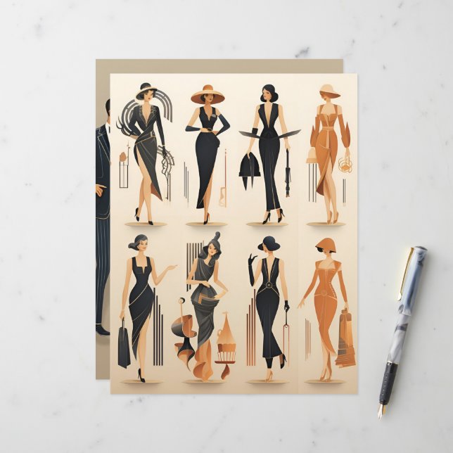 Art Deco Papier Poppen Scrapbook Papier (Voorkant / Achterkant in situ)