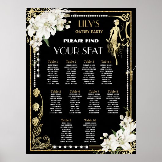 Art Deco Parels Bloemen Gatsby Roaring 20s Zitplaa Poster (Voorkant)