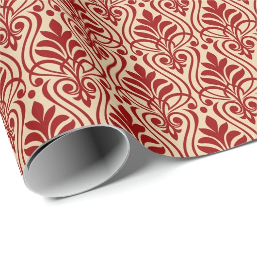 Art Deco Patroon 01 - Donkerrood op Gebroken Wit Cadeaupapier (Rol Hoek)