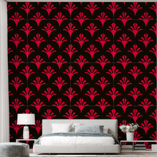 Art Deco Patroon 02 - Carmine Rood op Zwart Behang