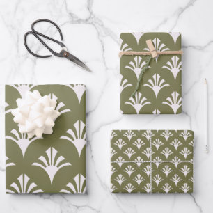 Art Deco Patroon 02 - Wit op Camouflage Groen Inpakpapier Vel