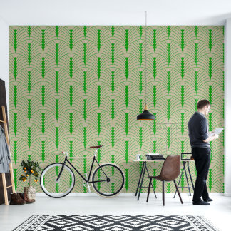 Art Deco Patroon 03 - Bos Groen op Gebroken Wit Behang