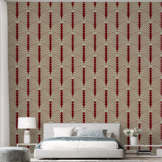 Art Deco Patroon 03 - Midnight Red op Off-White Behang