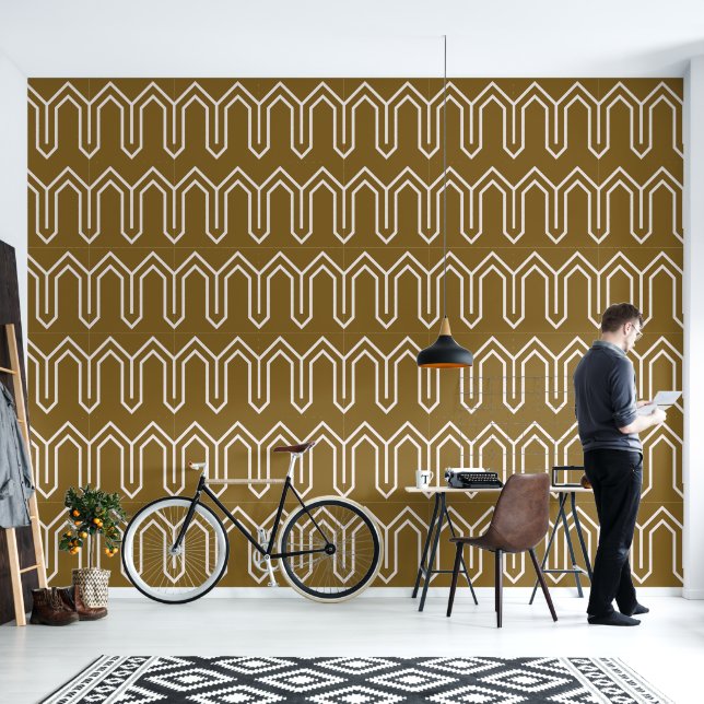 Art Deco Patroon 05 - Wit op Gold Fusion Behang (Woonkamer)