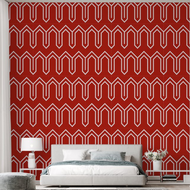 Art Deco Patroon 05 - Wit op Perzisch Rood Behang (Slaapkamer)