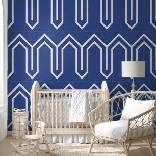 Art Deco Patroon 05 - Wit op Pruisisch Blauw Behang