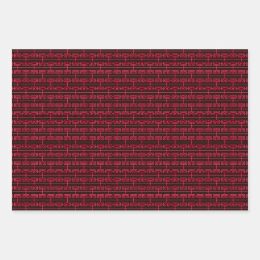 Art Deco Patroon 09 - Carmine Rood op Zwart Inpakpapier Vel (Voorkant 3)