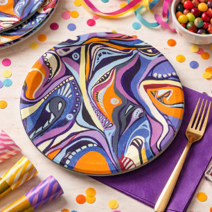 Art Deco-patroon - blauw en oranje Papieren Bordje