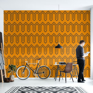 Art Deco Pattern 05 - Deco Black op Vivid Gamboge Behang