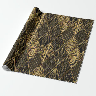 Art Deco Pattern Naadloze zwarte en gouden ruggeng Cadeaupapier